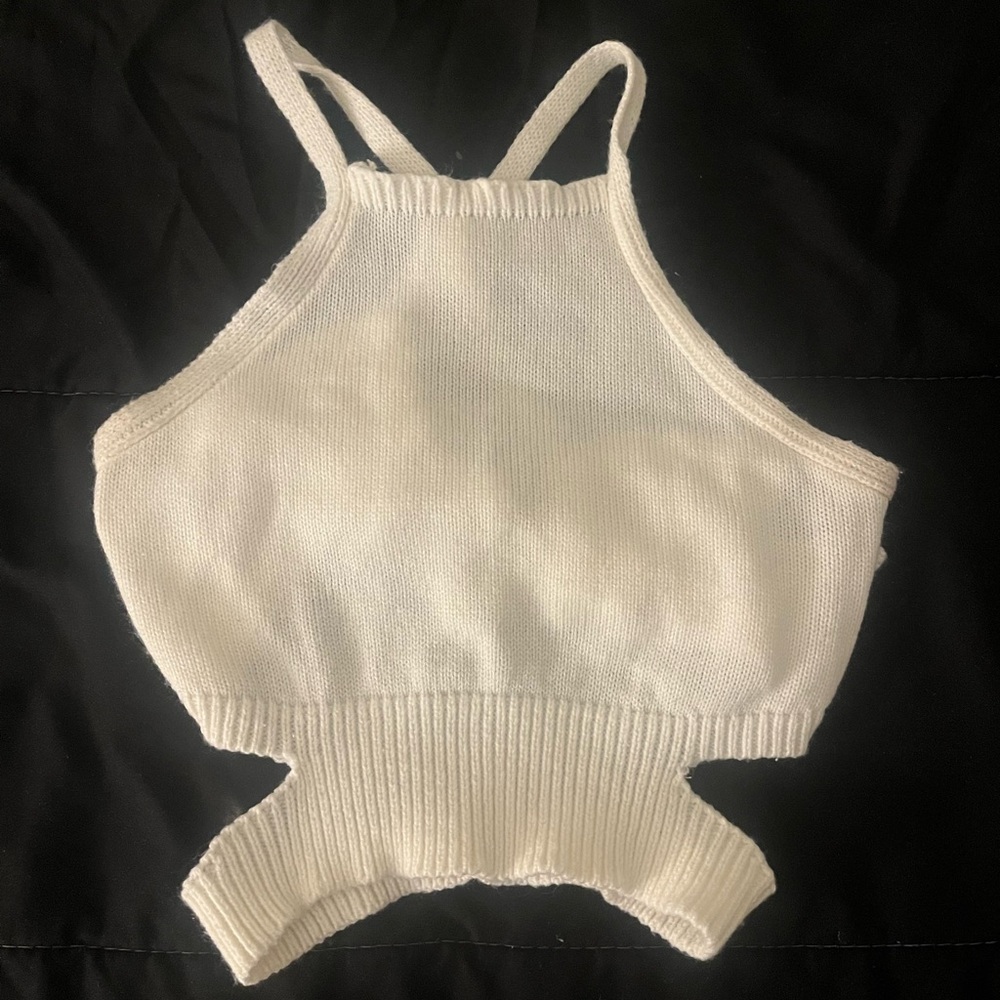 SHEIN Cream Knit Cutout Halter Crop Top